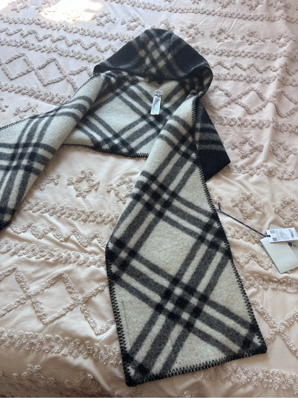 Authentic Burberry Black and White Plaid Hooded Scarf